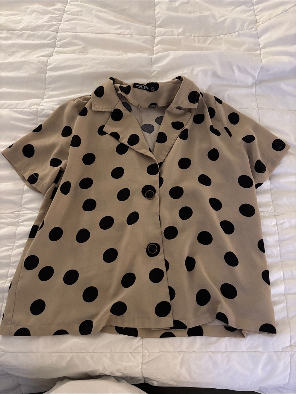 Nasty Gal Beige and Black Polka Dot Button-Down Top